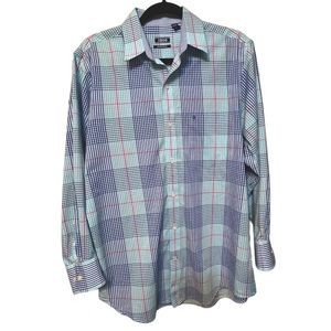 IZOD Men’s Plaid Button Up Shirt Non-Iron Stretch Size Small Blue Green Preppy